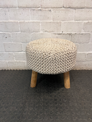 Round Woven Ottoman with Wooden Legs — Fair Condition with Signs of Previous Use