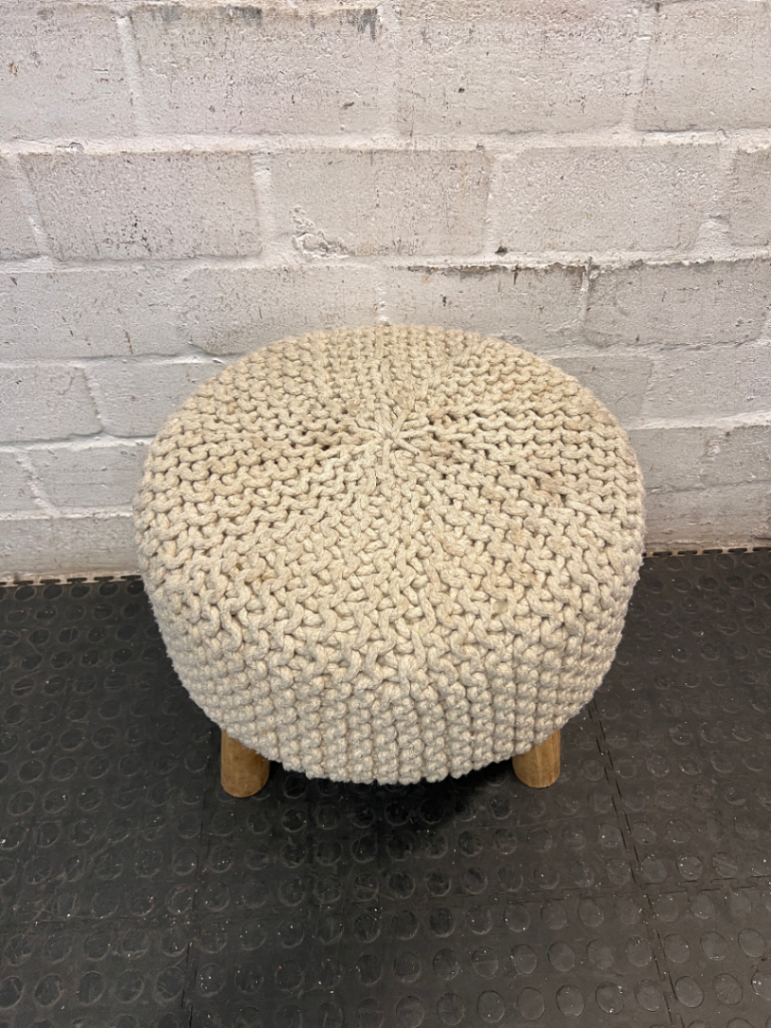Round Woven Ottoman with Wooden Legs — Fair Condition with Signs of Previous Use