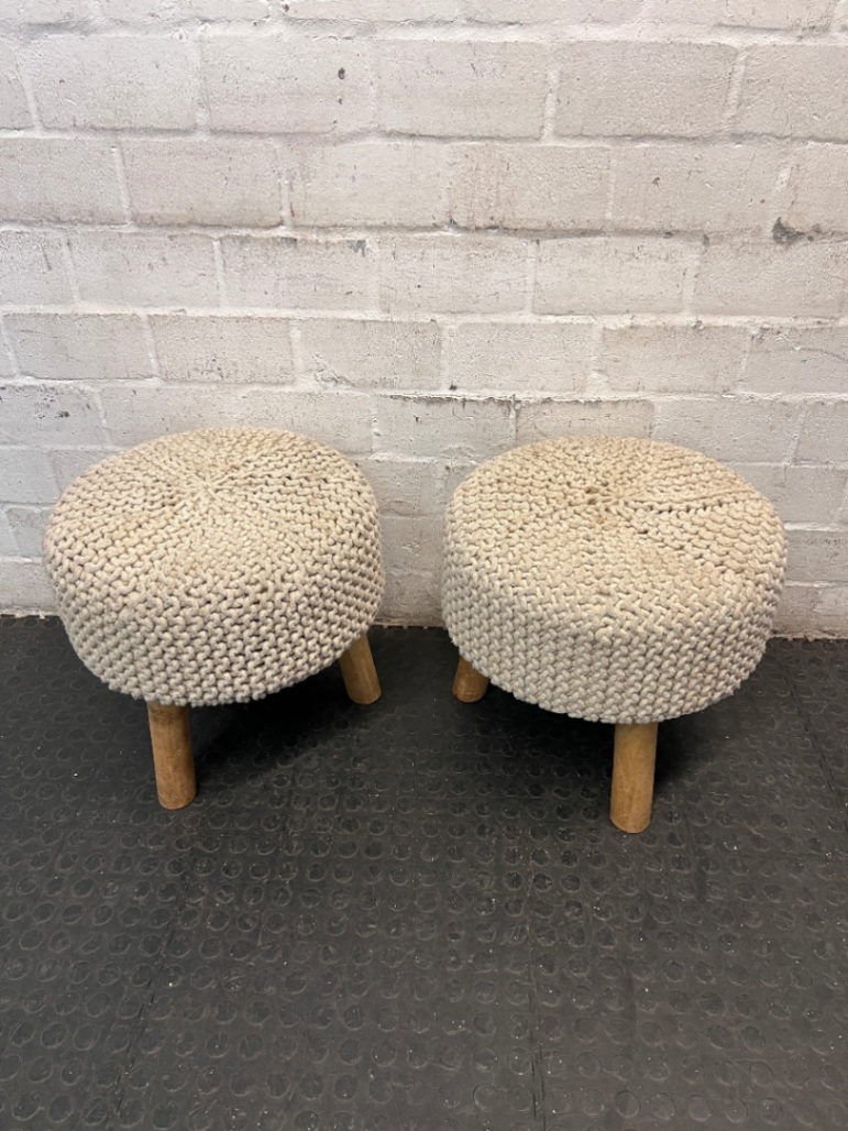 Round Woven Ottoman with Wooden Legs — Fair Condition with Signs of Previous Use
