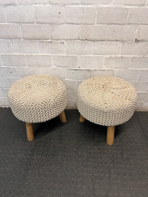 Round Woven Ottoman with Wooden Legs — Fair Condition with Signs of Previous Use