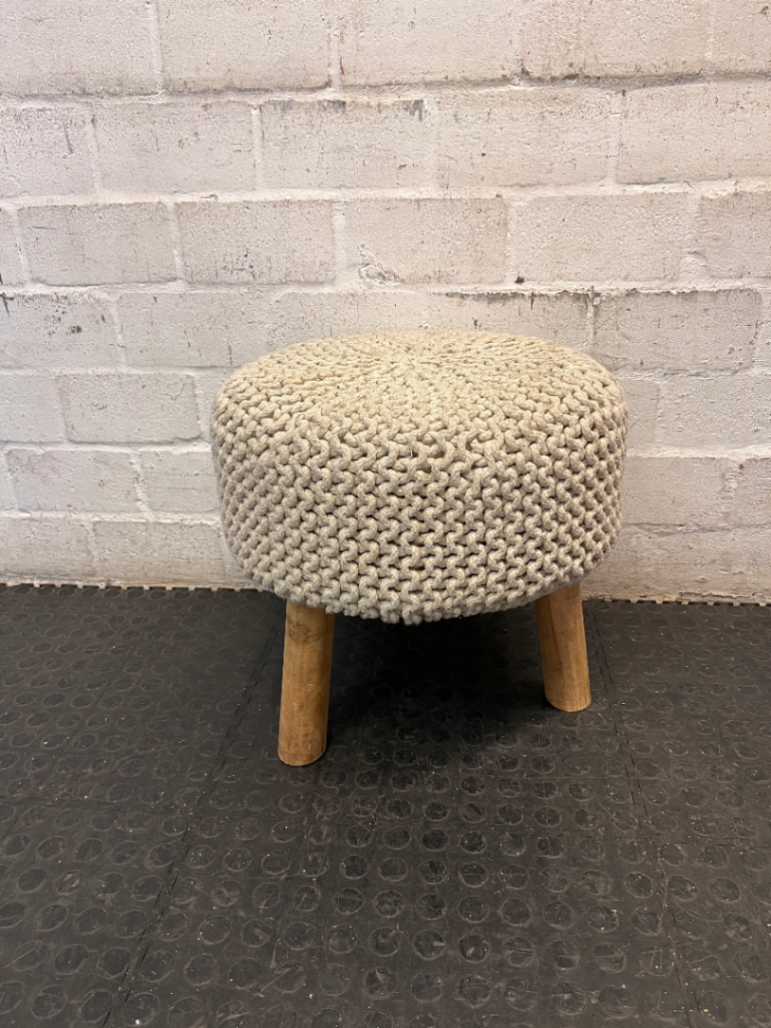 Round Woven Ottoman with Wooden Legs — Fair Condition with Signs of Previous Use