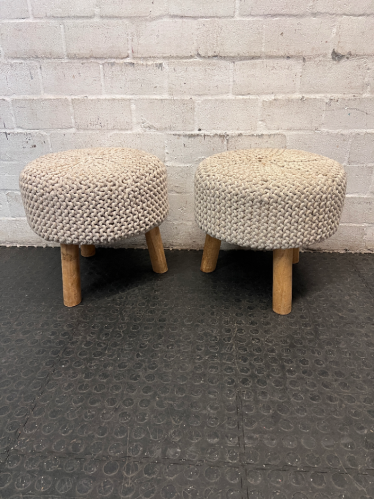Round Woven Ottoman with Wooden Legs — Fair Condition with Signs of Previous Use