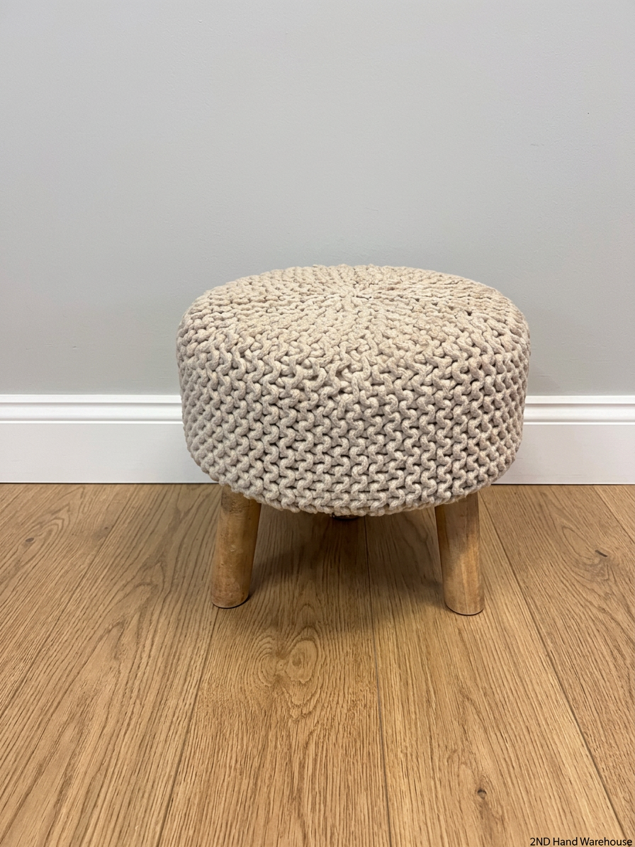 Round Woven Ottoman with Wooden Legs — Fair Condition with Signs of Previous Use