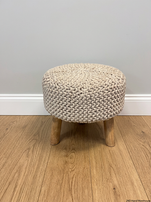 Round Woven Ottoman with Wooden Legs — Fair Condition with Signs of Previous Use