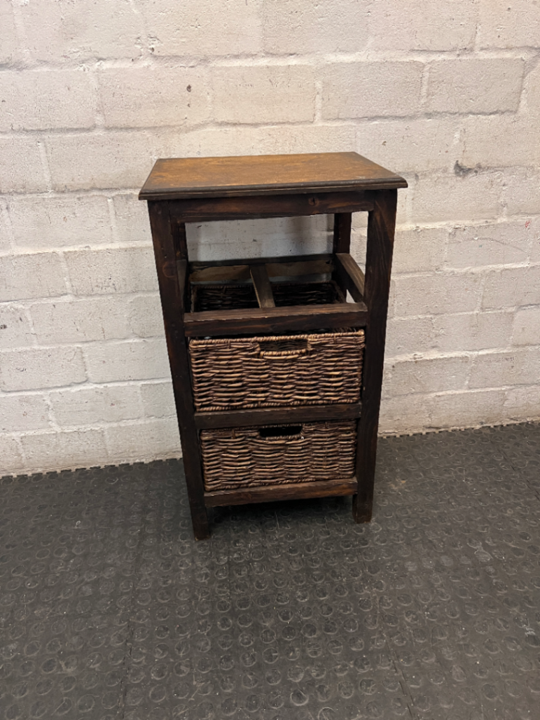 Rustic Dark Wood Side Table with Woven Baskets — Well Used with Visible Wear