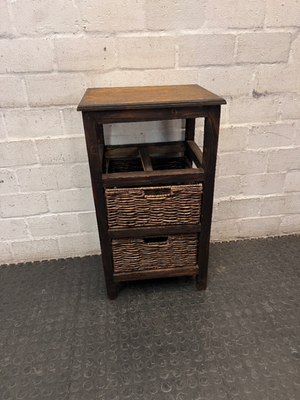 Rustic Dark Wood Side Table with Woven Baskets — Well Used with Visible Wear