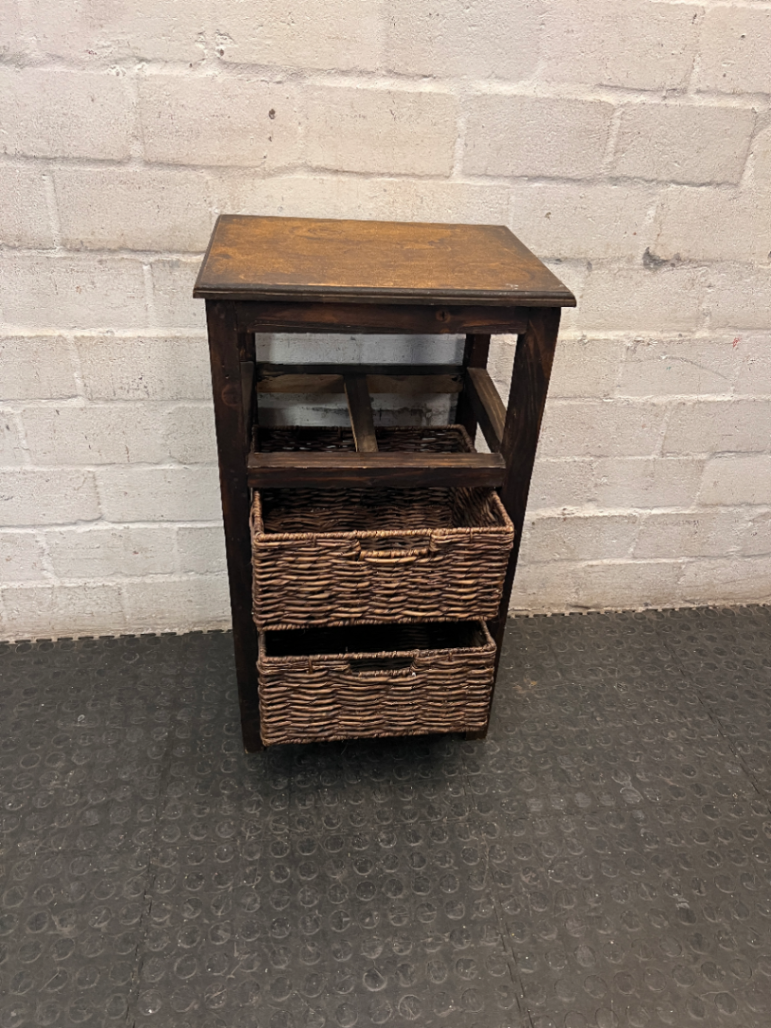 Rustic Dark Wood Side Table with Woven Baskets — Well Used with Visible Wear