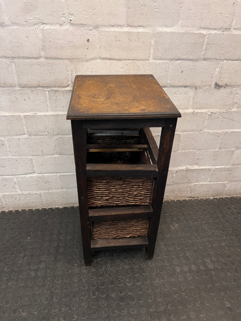 Rustic Dark Wood Side Table with Woven Baskets — Well Used with Visible Wear
