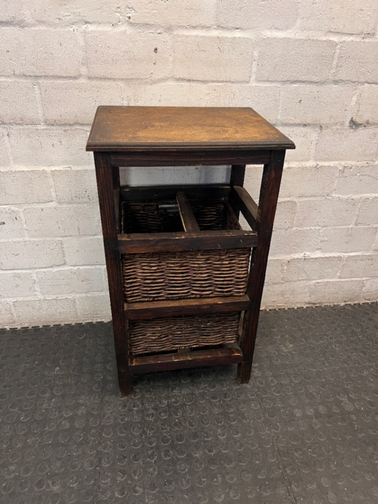 Rustic Dark Wood Side Table with Woven Baskets — Well Used with Visible Wear