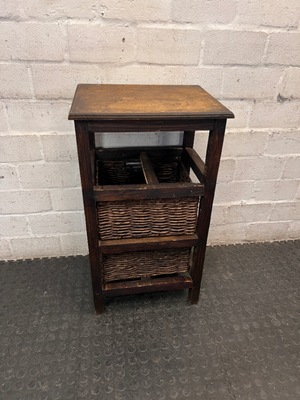 Rustic Dark Wood Side Table with Woven Baskets — Well Used with Visible Wear