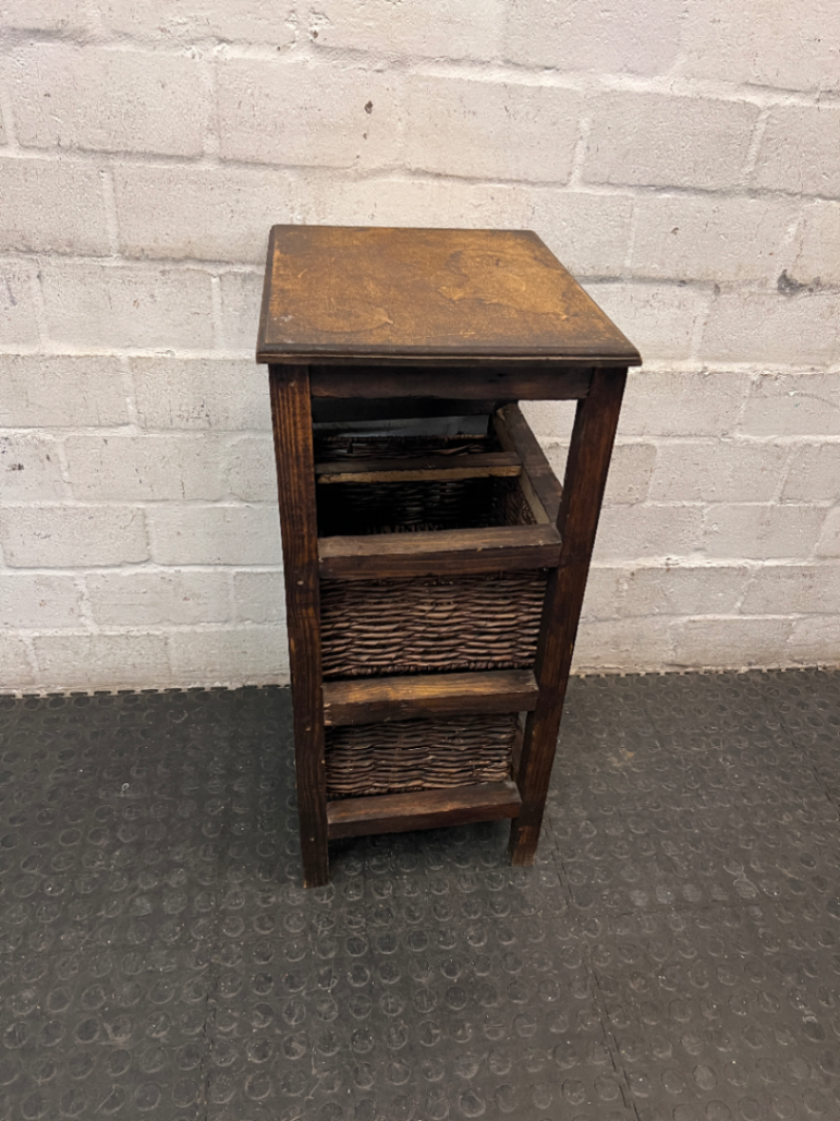 Rustic Dark Wood Side Table with Woven Baskets — Well Used with Visible Wear