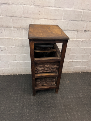Rustic Dark Wood Side Table with Woven Baskets — Well Used with Visible Wear