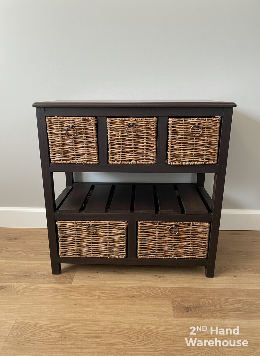 Rustic Dark Wood Storage Unit with 5 Wicker Baskets