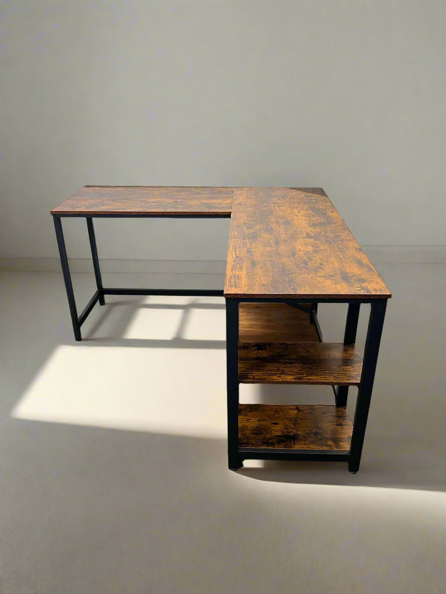 Rustic Industrial Wood & Metal Corner Desk with Shelves