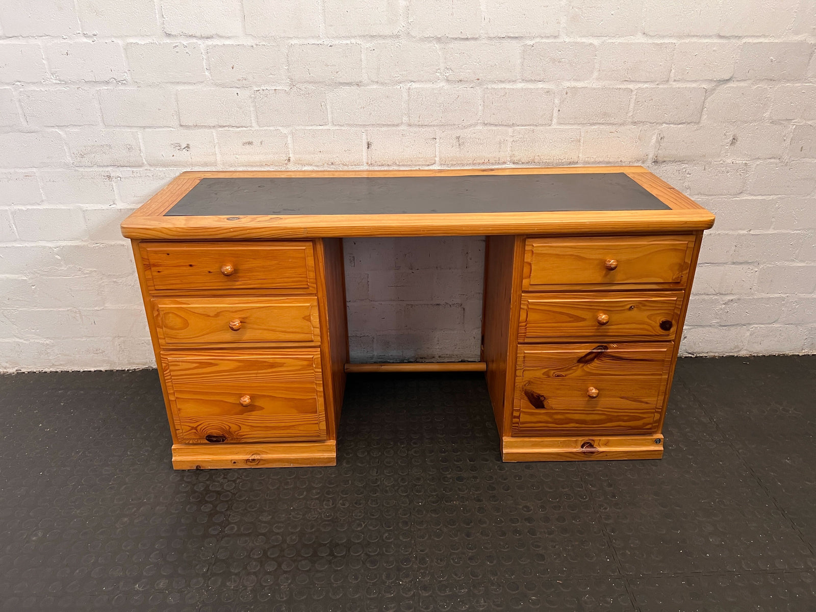 Rustic Pine Desk with Black Top and 6 Drawers, Vintage Charm