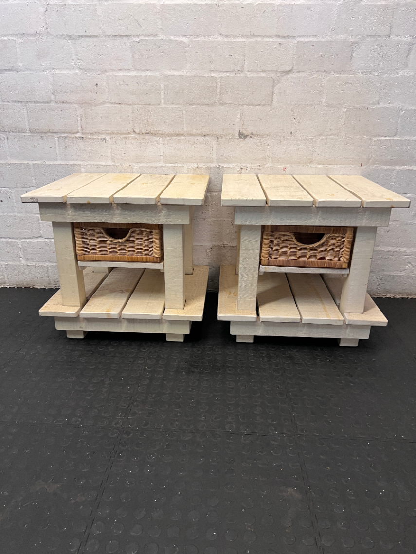 Rustic Slatted Bedside Table with Wicker Basket - Fair Condition - 2ndhandwarehouse.com