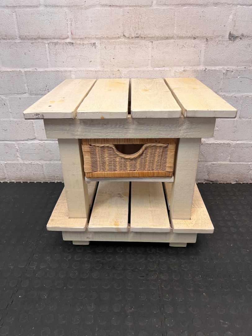 Rustic Slatted Bedside Table with Wicker Basket - Fair Condition - 2ndhandwarehouse.com