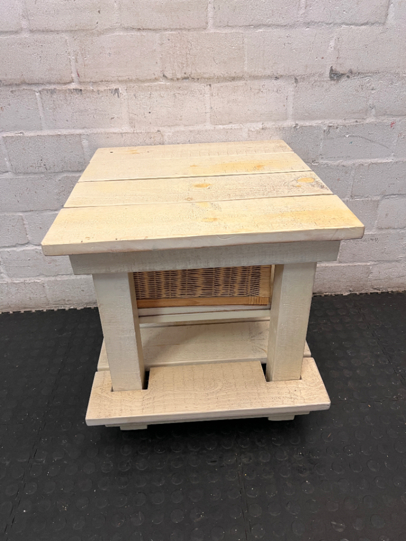 Rustic Slatted Bedside Table with Wicker Basket - Fair Condition - 2ndhandwarehouse.com