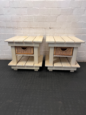 Rustic Slatted Bedside Table with Wicker Basket - Fair Condition - 2ndhandwarehouse.com