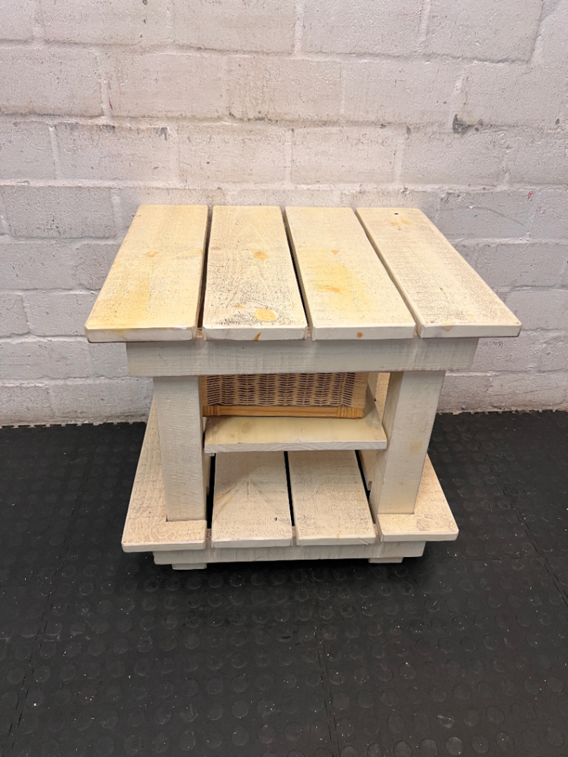 Rustic Slatted Bedside Table with Wicker Basket - Fair Condition - 2ndhandwarehouse.com