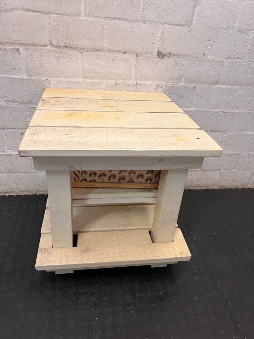 Rustic Slatted Bedside Table with Wicker Basket - Fair Condition - 2ndhandwarehouse.com
