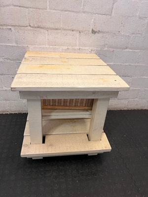 Rustic Slatted Bedside Table with Wicker Basket - Fair Condition - 2ndhandwarehouse.com