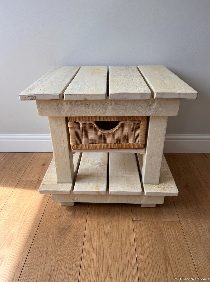 Rustic Slatted Bedside Table with Wicker Basket - Fair Condition - 2ndhandwarehouse.com