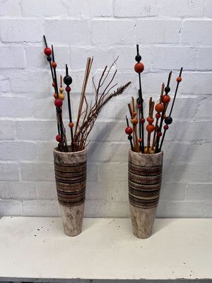 Rustic Striped Vase with Beaded Decorative Sticks