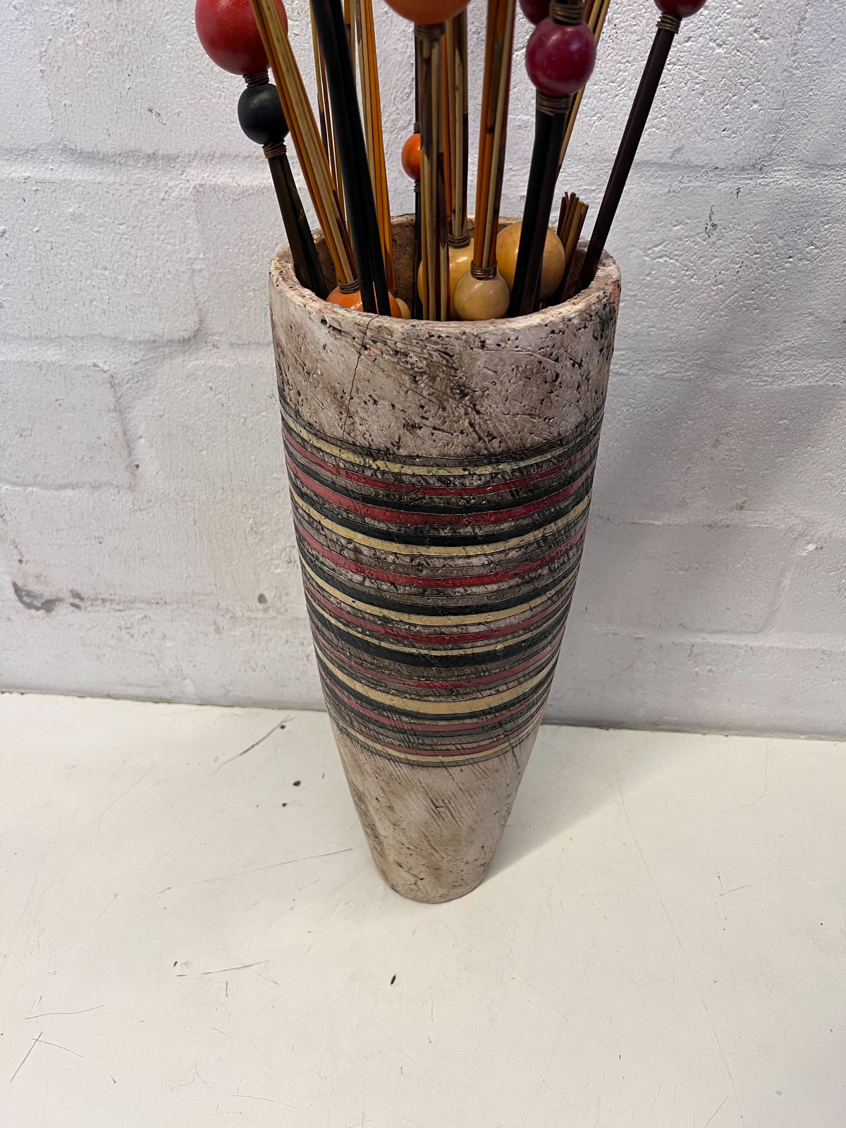 Rustic Striped Vase with Beaded Decorative Sticks