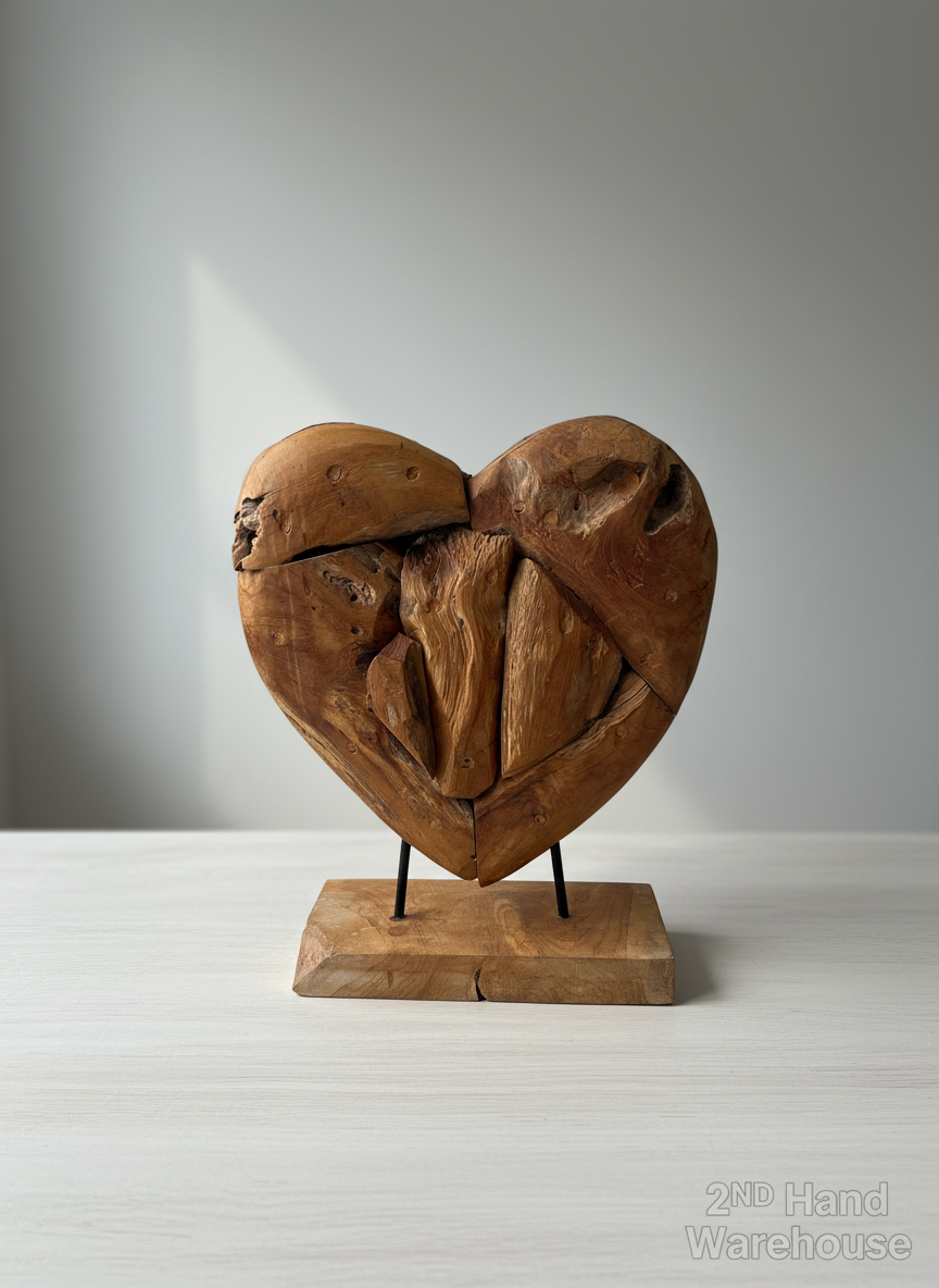 Rustic Teak Wood Heart Sculpture with Stand