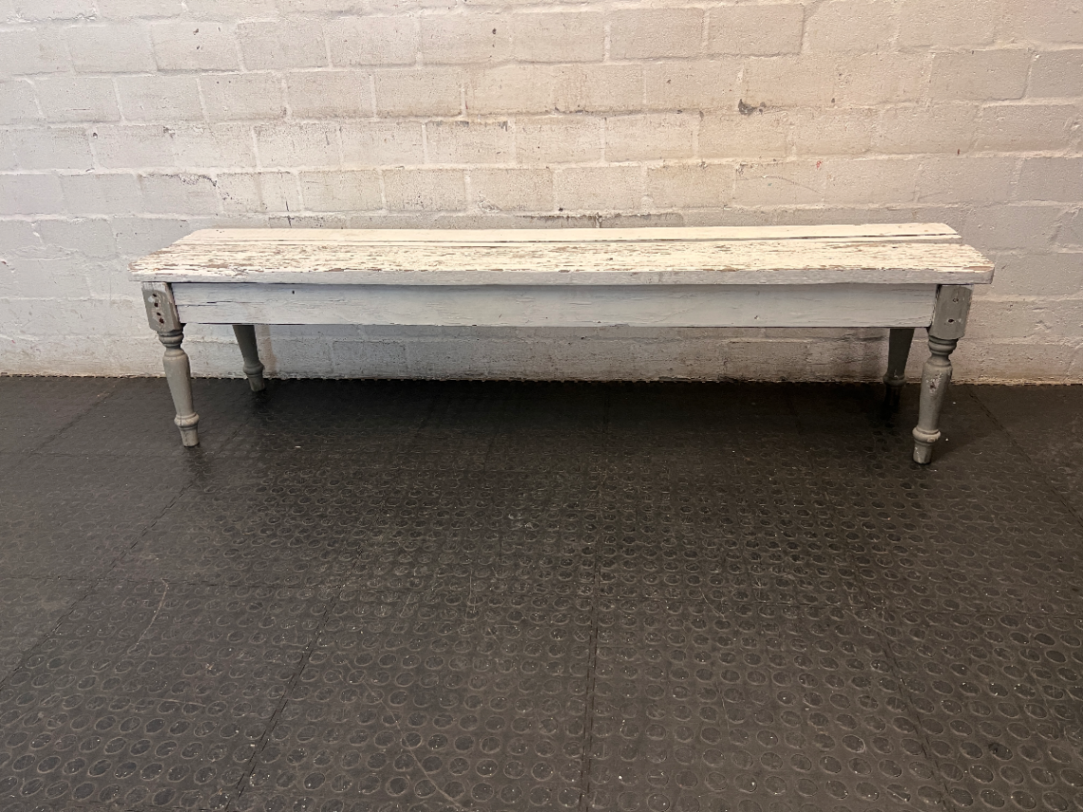 Rustic White Wooden Bench with Turned Legs — Weathered Surfaces and Peeling Paint