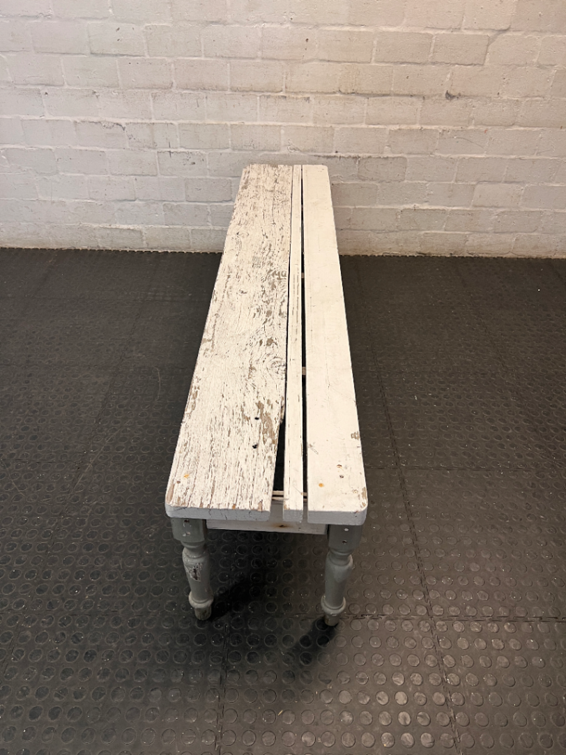 Rustic White Wooden Bench with Turned Legs — Weathered Surfaces and Peeling Paint