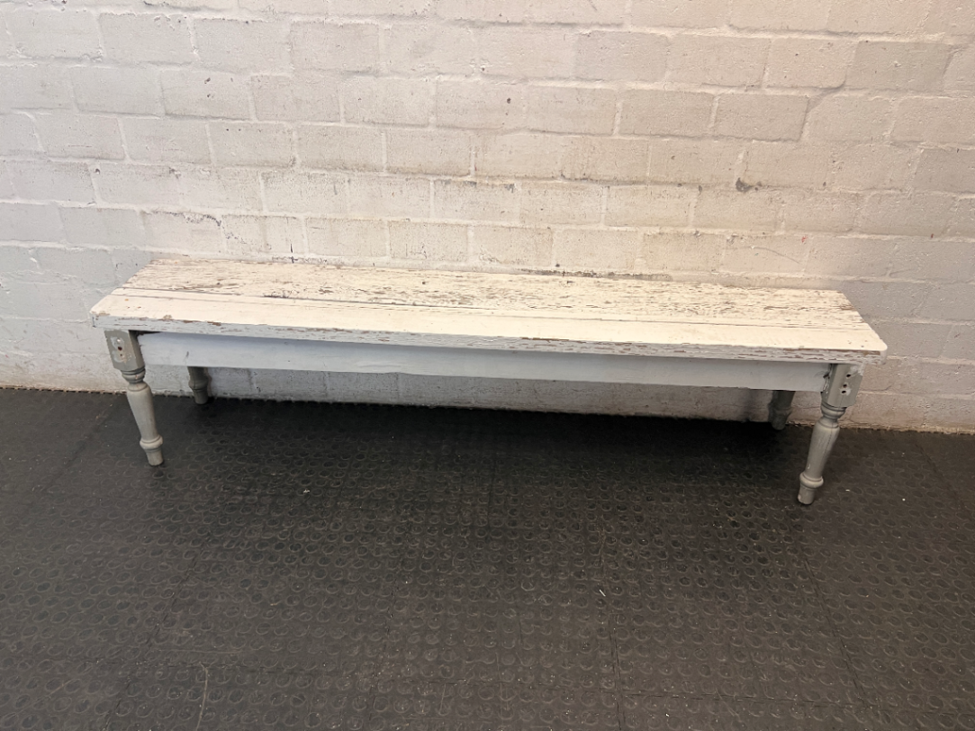 Rustic White Wooden Bench with Turned Legs — Weathered Surfaces and Peeling Paint