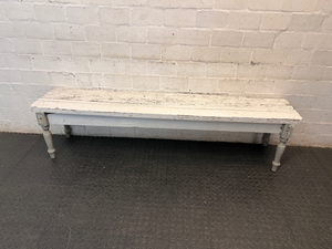 Rustic White Wooden Bench with Turned Legs — Weathered Surfaces and Peeling Paint