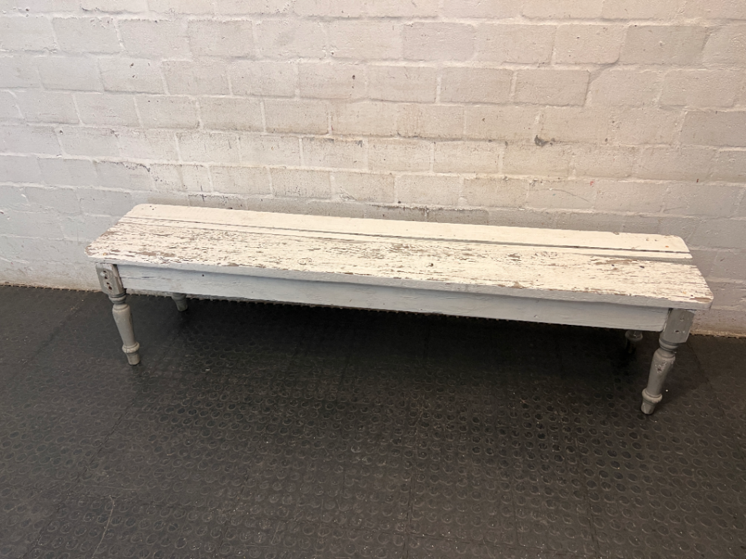 Rustic White Wooden Bench with Turned Legs — Weathered Surfaces and Peeling Paint