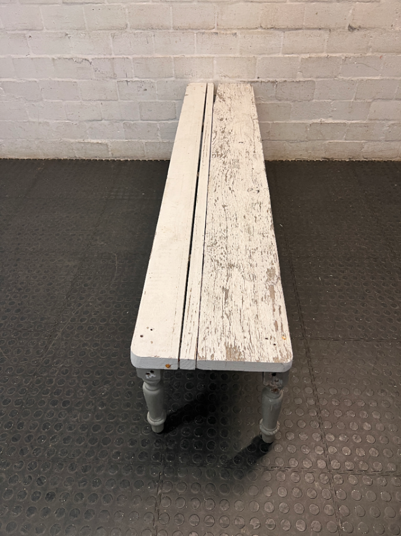 Rustic White Wooden Bench with Turned Legs — Weathered Surfaces and Peeling Paint