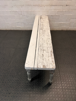 Rustic White Wooden Bench with Turned Legs — Weathered Surfaces and Peeling Paint