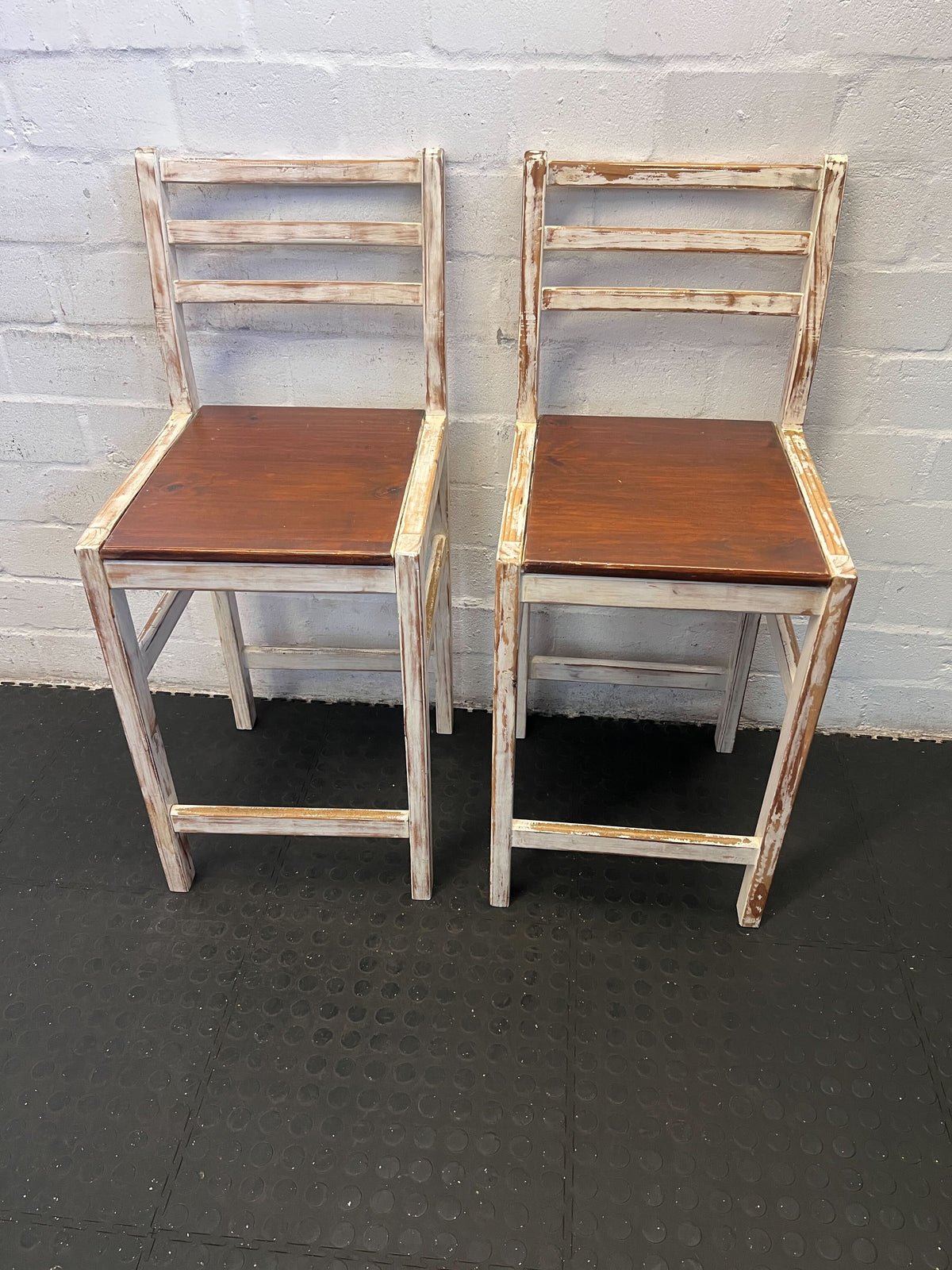 Rustic Wooden Bar Chair with Distressed White Finish