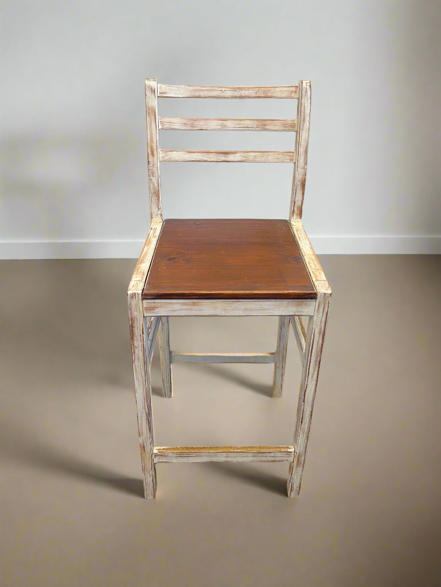 Rustic Wooden Bar Chair with Distressed White Finish