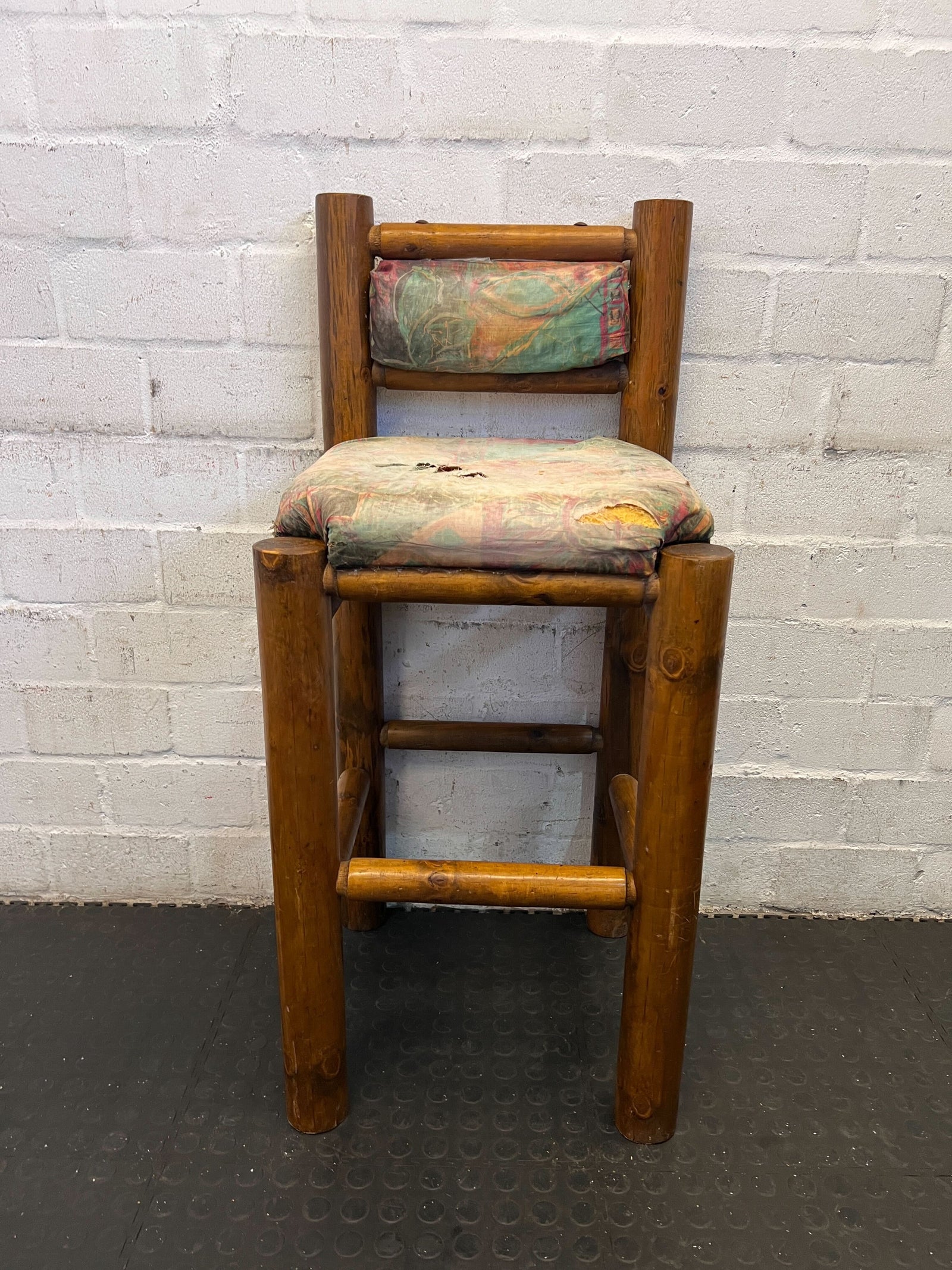 Rustic Wooden Bar Stool with Colorful Fabric Cushion - Seat damaged