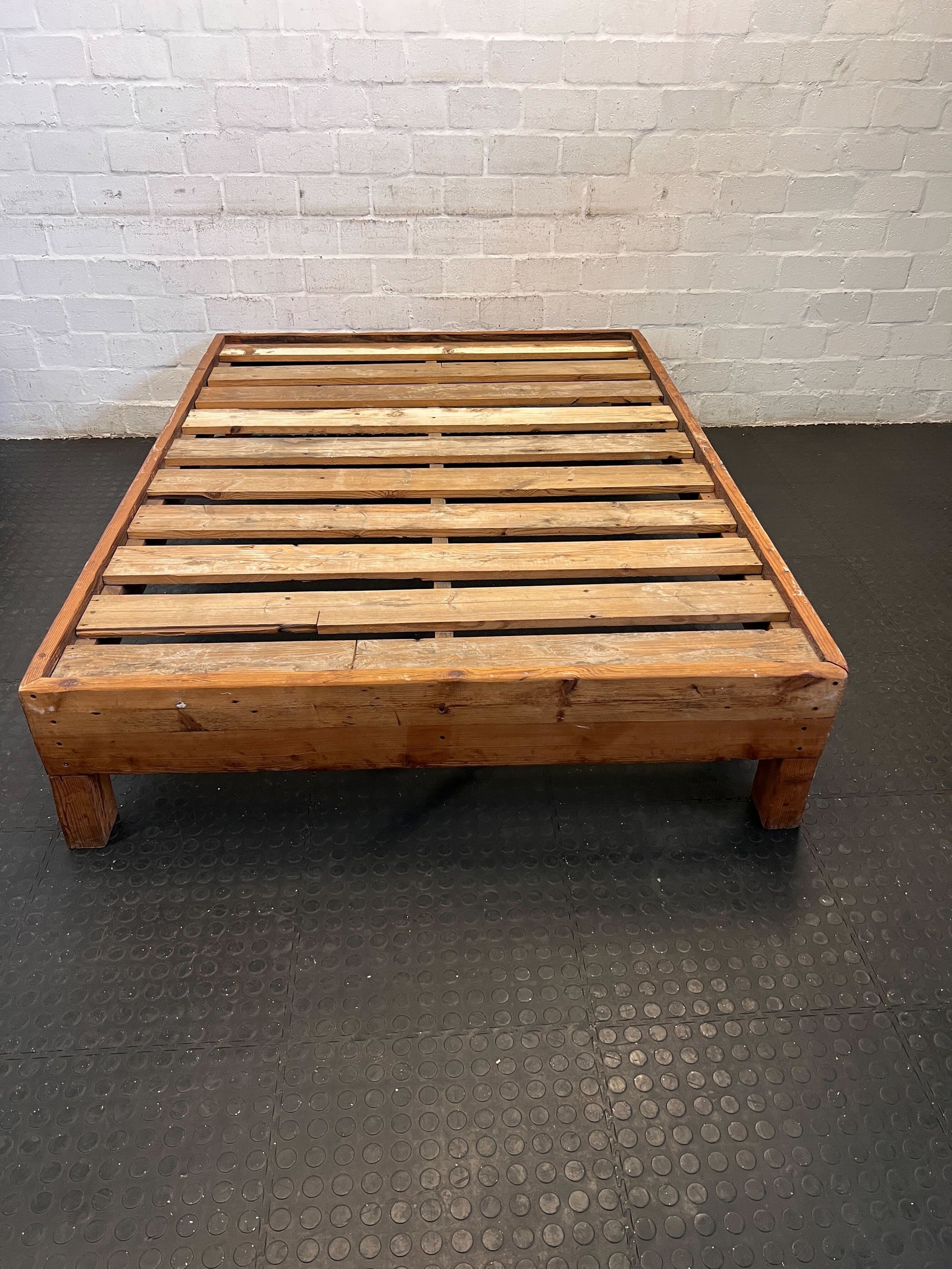 Rustic Wooden Bed Frame with Slatted Design – Minor Wear