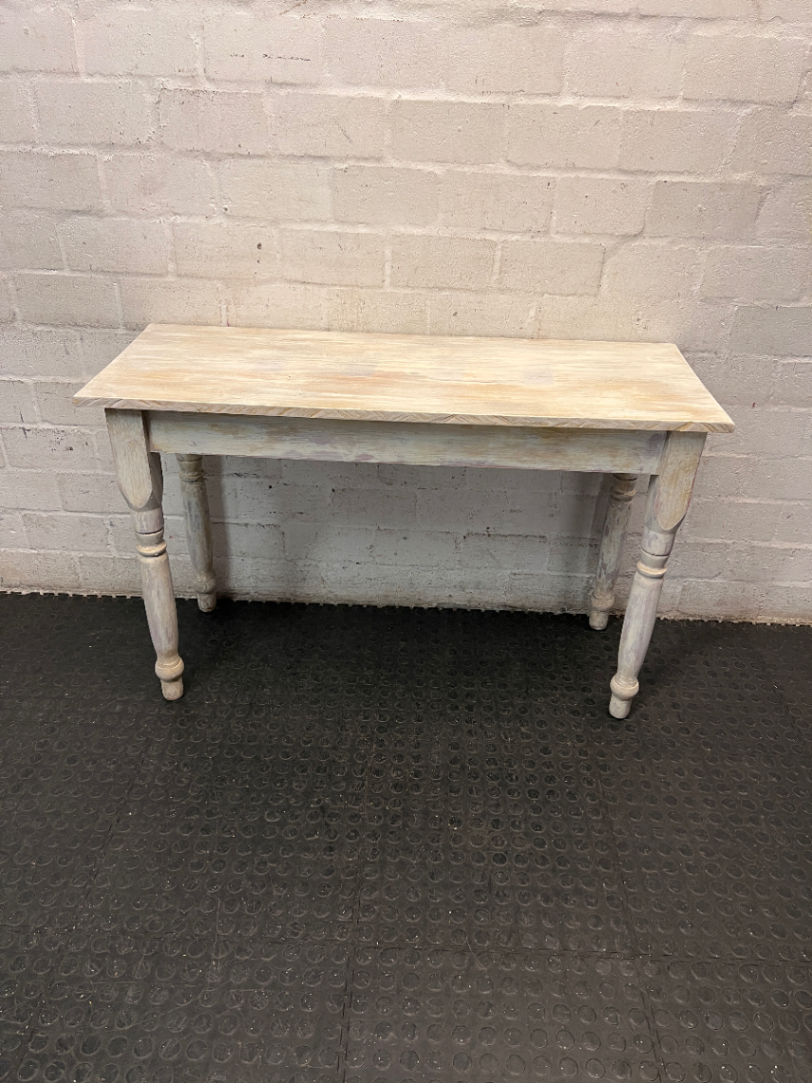 Rustic Wooden Console Table with Turned Legs — Fair Condition with Worn Finish