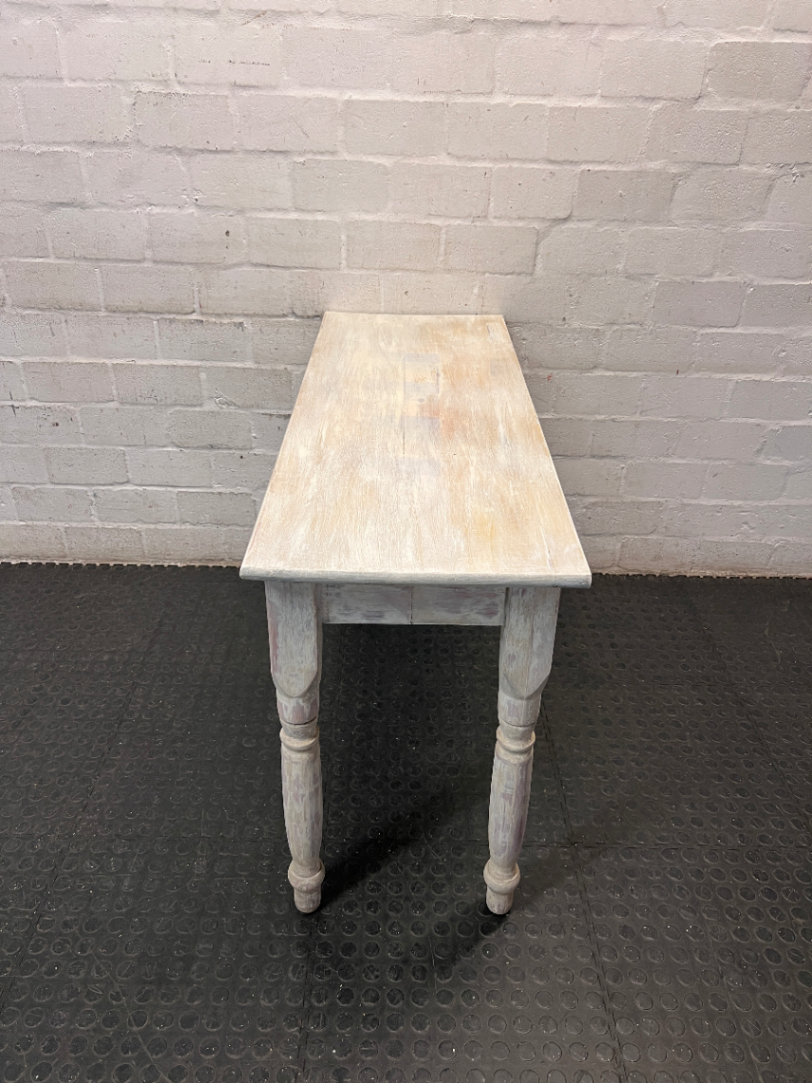 Rustic Wooden Console Table with Turned Legs — Fair Condition with Worn Finish