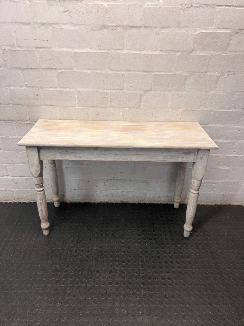 Rustic Wooden Console Table with Turned Legs — Fair Condition with Worn Finish