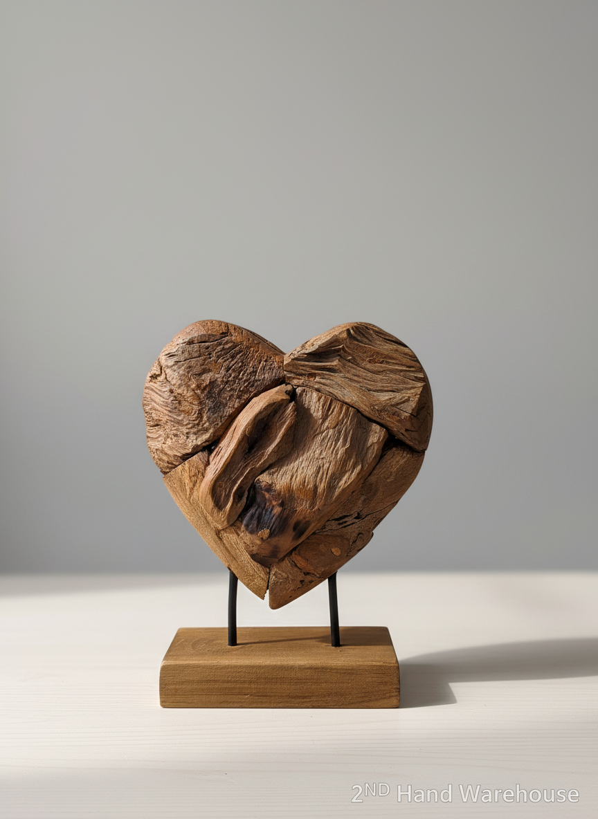 Rustic Wooden Heart Sculpture on Stand