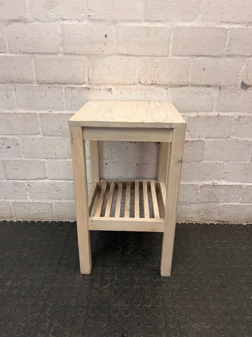 Rustic Wooden Side Table with Slatted Shelf — Good Condition Table