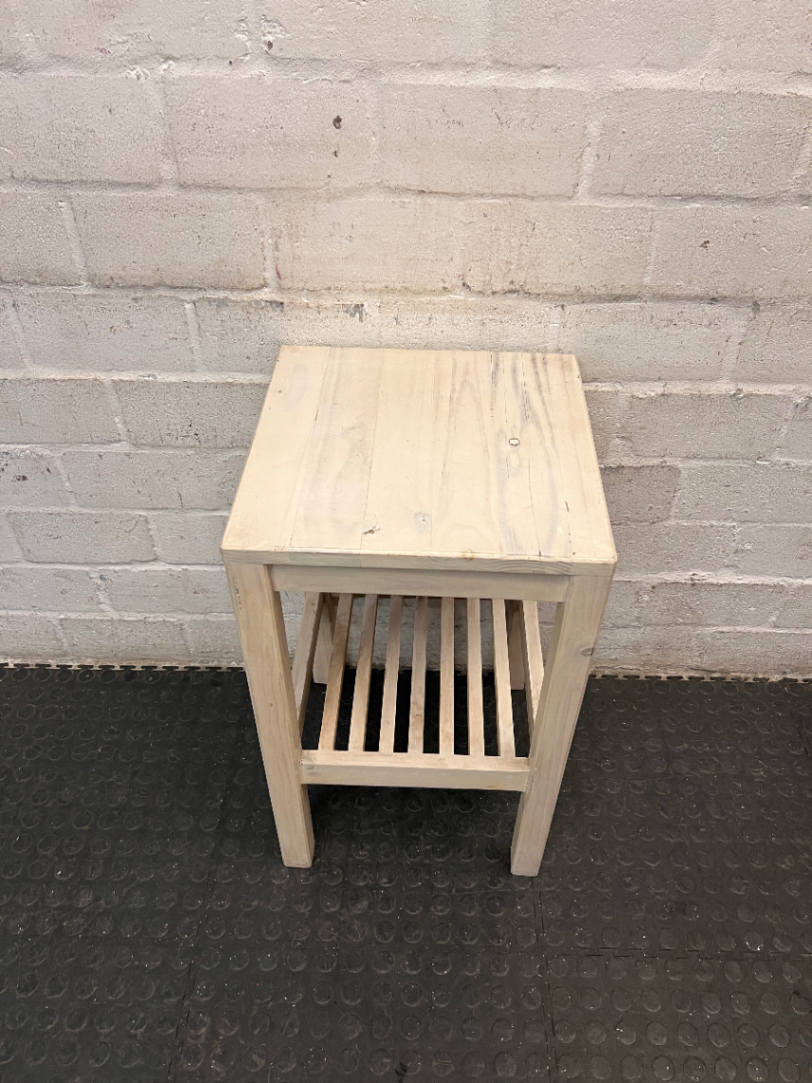 Rustic Wooden Side Table with Slatted Shelf — Good Condition Table
