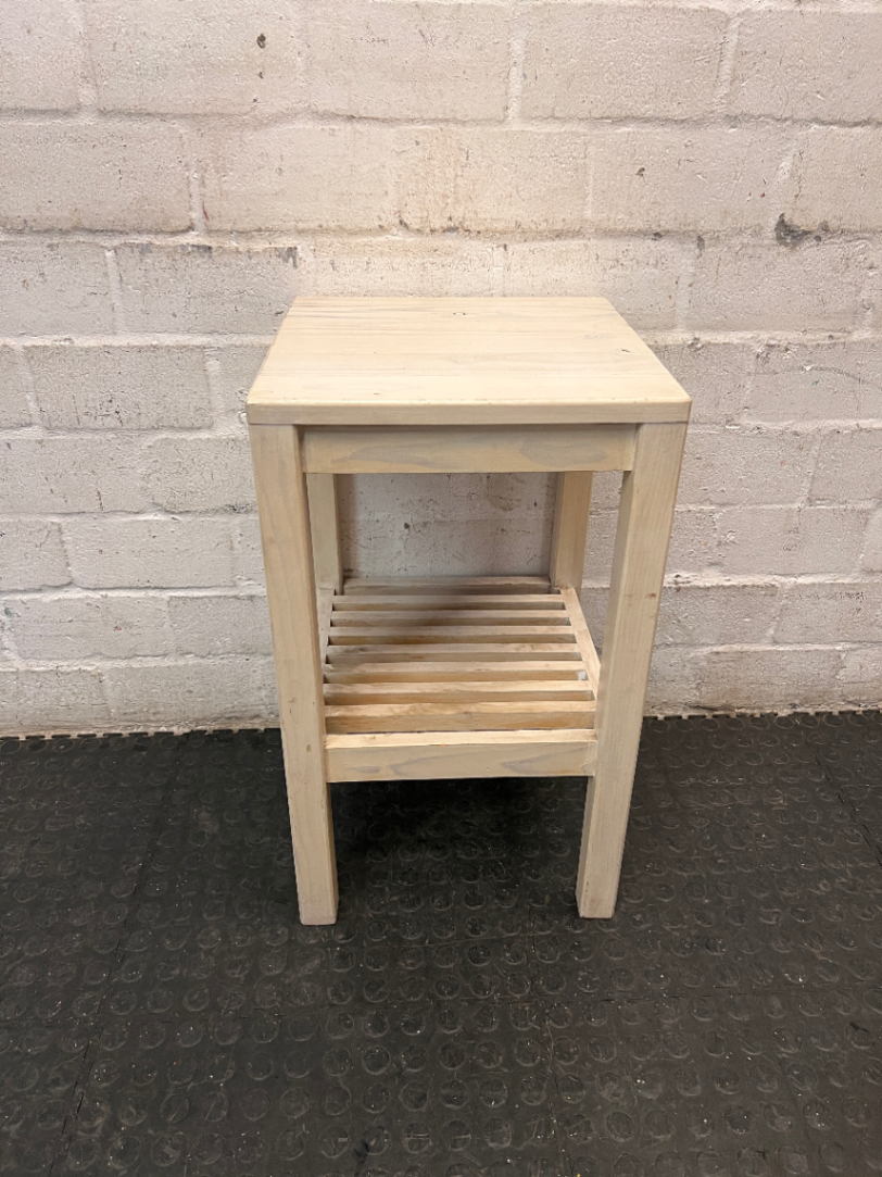 Rustic Wooden Side Table with Slatted Shelf — Good Condition Table