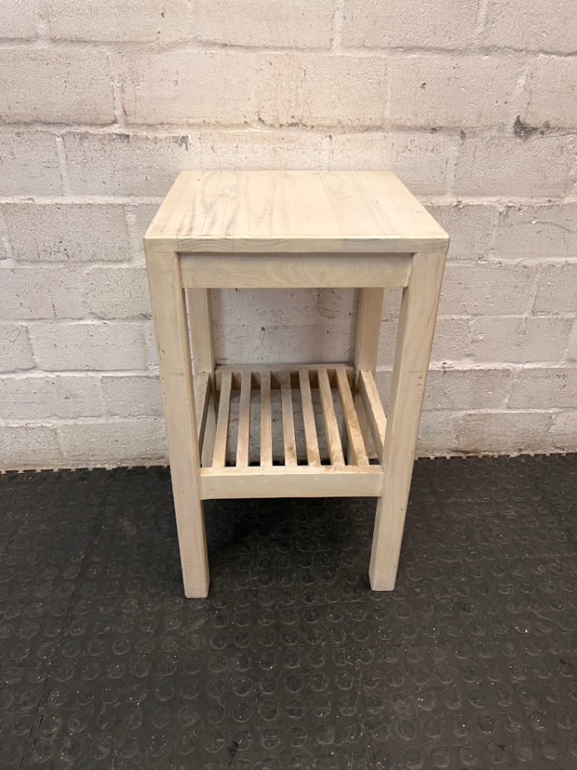 Rustic Wooden Side Table with Slatted Shelf — Good Condition Table