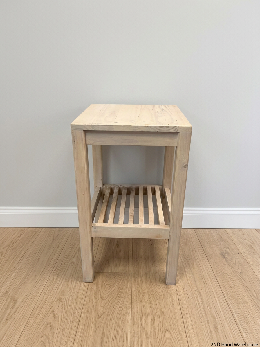 Rustic Wooden Side Table with Slatted Shelf — Good Condition Table
